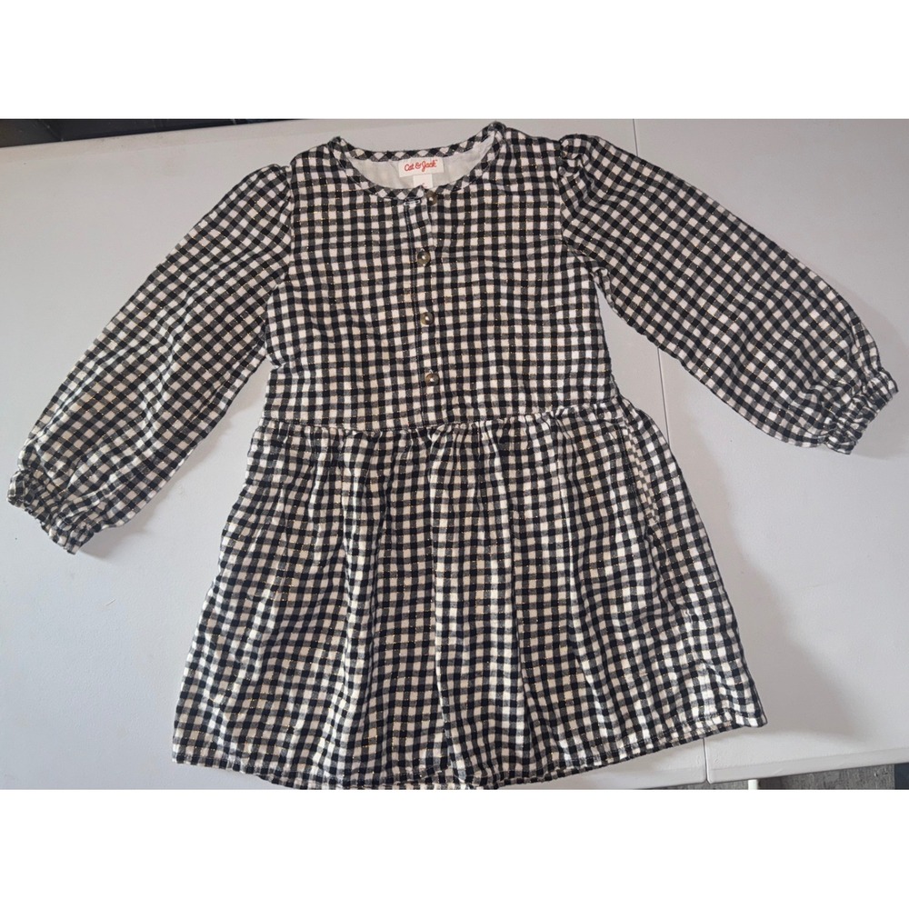 Cat & Jack Gingham Dress Kids 5T Black White Gold Metallic Long Sleeve Button
